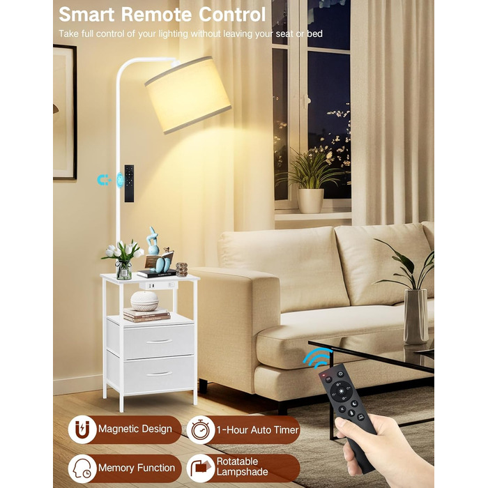 Стійка лампа для вітальні з поличкою та столиком, диммування LED, пульт керування, 3 колірні температури, приліжний столик з підзарядкою, дерев'яний столик для спальні/офісу (білий з шухлядами)
