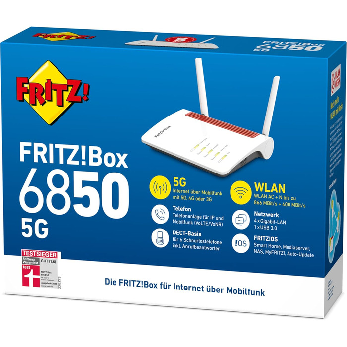 Роутер FRITZ!Box 6850 5G: Wi-Fi 866 Мбіт/с (5 ГГц), 400 Мбіт/с (2.4 ГГц), 4x LAN, DECT, USB 3.0, 5G
