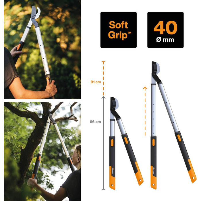 Секатор телескопічний Fiskars SmartFit L86 для свіжої деревини, антипригарне покриття, загартована сталь, довжина ручки 66-90 см, чорний/помаранчевий, 1013564