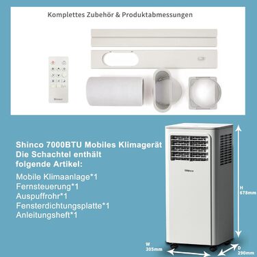 Мобільний кондиціонер SHINCO 3,5kW з випускним шлангом, охолодження/вентиляція/зневожування, для приміщень до 90 м³, білий (7000BTU-M)