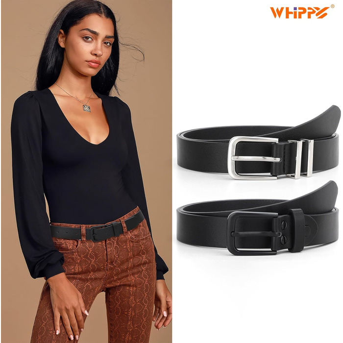 Ремень шкіряний WHIPPY жіночий/чоловічий, срібна пряжка, для джинсів та штанів, чорний (S: 65-75 см, довжина 100 см)