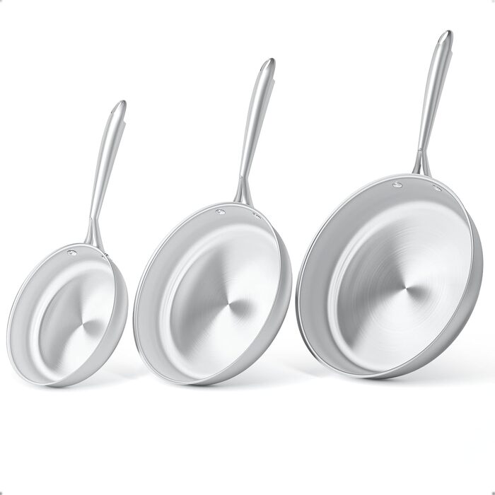 Набір сковорідок COOKNANO 3 шт. (20+26+30 см), нержавіюча сталь, без антипригарного покриття, для всіх типів плит, безпечно мити в посудомийній машині