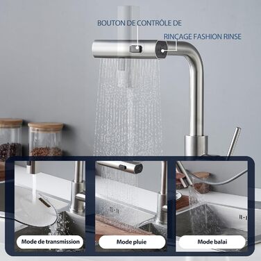 Змішувач для кухні BELZ з висувною лійкою, 3 режими, поворотний на 360°, нержавіюча сталь SUS304, матовий нікель