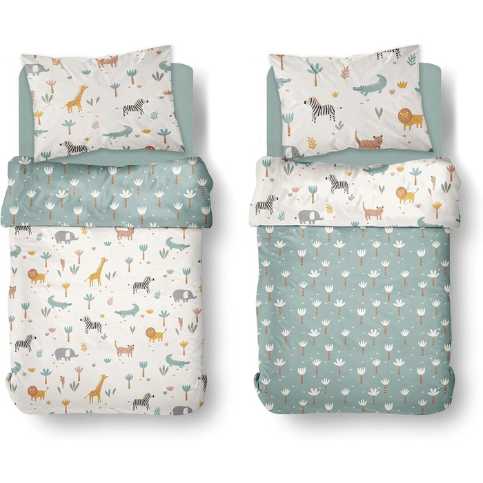 Дитяча постільна білизна комплект (2-частини) з 100% бавовни Oeko-Tex - ковдра 100x135 см та подушка 40x60 см з блискавкою. Дитяча постіль, дихаюча, регулює температуру, Сафарі з тваринами