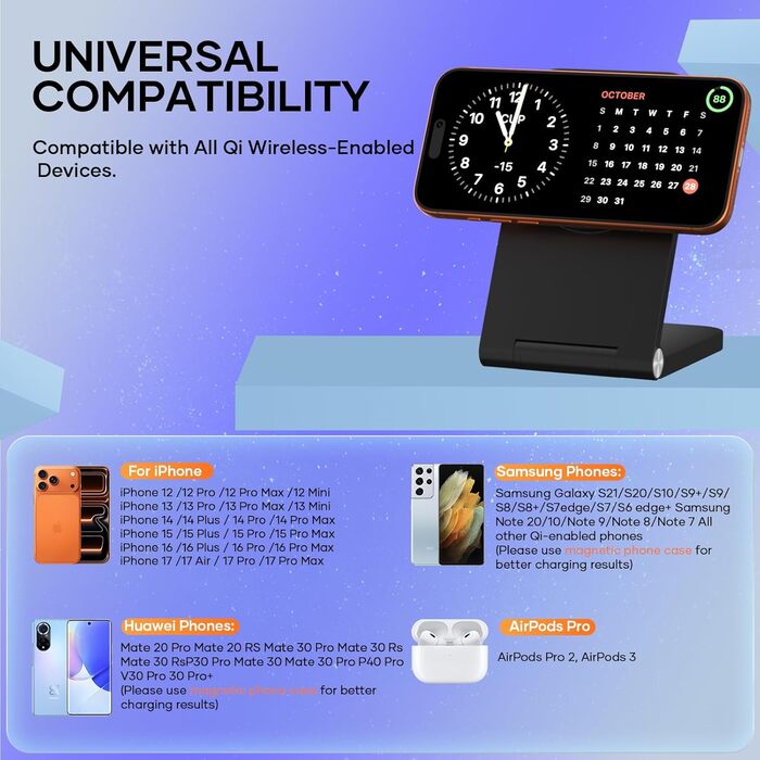 Бездротовий зарядний пристрій MagSafe, складаний, швидка зарядка, сумісний з iPhone 17/16/15/14/13/12, AirPods 3/2/Pro 2/Pro, чорний