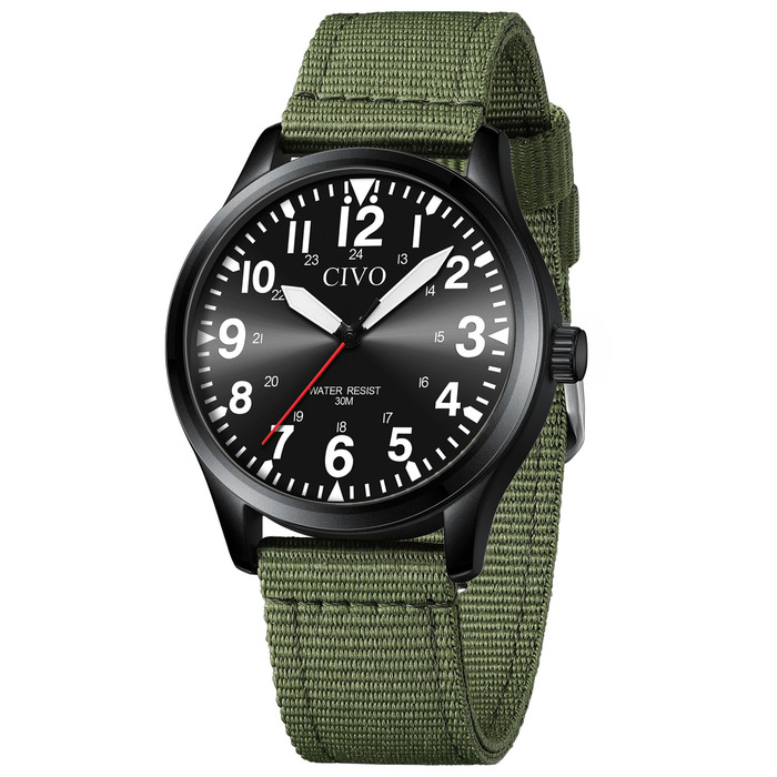 Годинник чоловічий CIVO водонепроникний з надійним ремінцем з нейлону, аналоговий кварц, великі цифри, світловідбиваючий, спортивний, для активного відпочинку, легкий у читанні, ідеальний подарунок (нейлон, B-2 зелений/чорний)