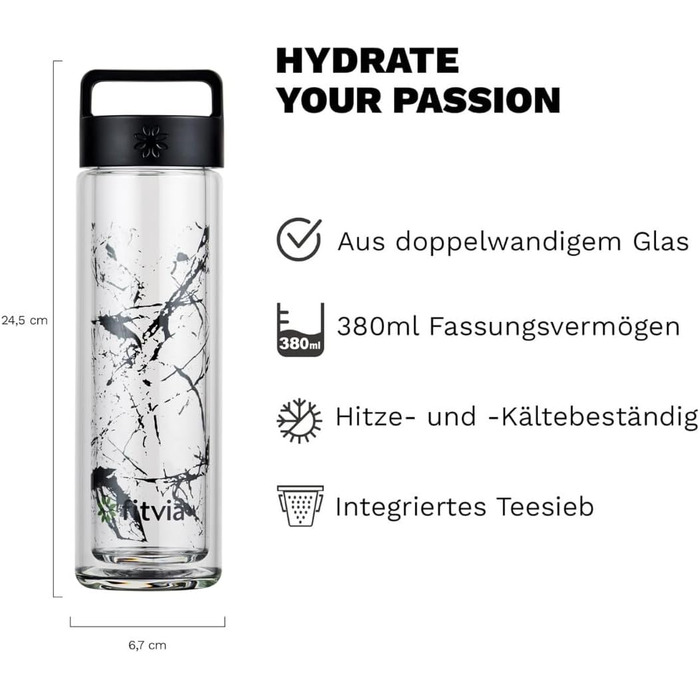 Термопляшка Fitvia 380 мл, чорна з малюнком 