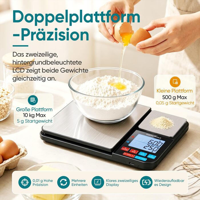 Цифрові кухонні ваги Wigearss з подвійною платформою (10кг/1г та 500г/0.01г), високоточні електронні ваги для продуктів з функціями тари та підрахунку, 7 одиниць вимірювання