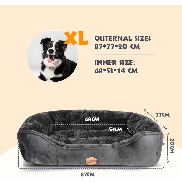 Dog Bed for Dogs 67x57cm, Non-Slip Dog Basket, Super Soft Fiber Filling, Washable Pet Bed for Small and Medium Dogs and Cats (L 87 x W 77 x H 18 cm, Black)