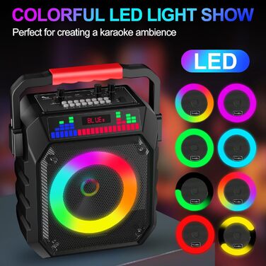 Караоке машина з 2 мікрофонами, портативна Bluetooth колонка з підсвічуванням для дорослих/дітей, PA система, підтримка TF/USB, FM, запис, AUX, для вечірок, співу, DJ, заходів