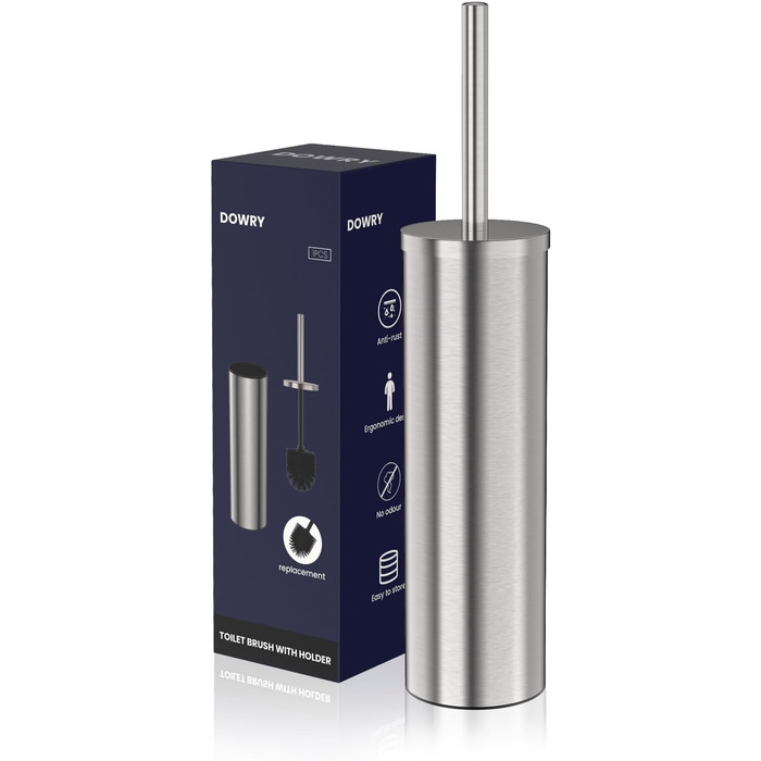 Набір для туалету DOWRY: щітка для унітазу з тримачем, 2 насадки, металева, для ванної кімнати (сріблястий, циліндричний)