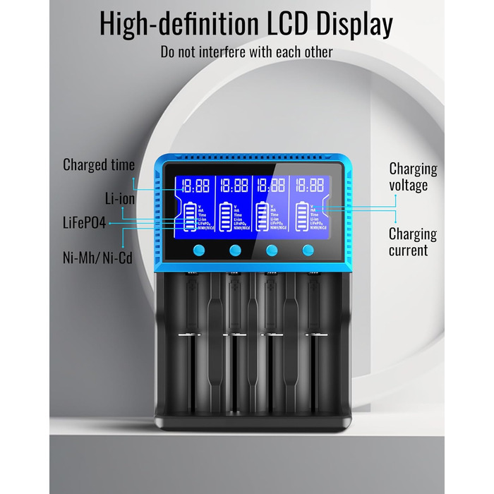 Універсальний зарядний пристрій для акумуляторів 18650 з 4 слотами, LCD смарт-зарядка Ni-MH/Ni-CD AA/AAA, Li-Ion/LiFePO4/IMR (10440-26650)