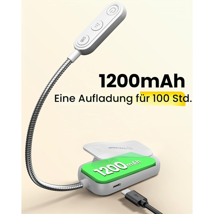 Світлодіодна лампа для читання Glocusent на прищіпці, USB-аккумуляторна книга-лампа з 20 LED, 5 режимів кольорової температури та регулюванням яскравості, гнучка на 360°, білий колір
