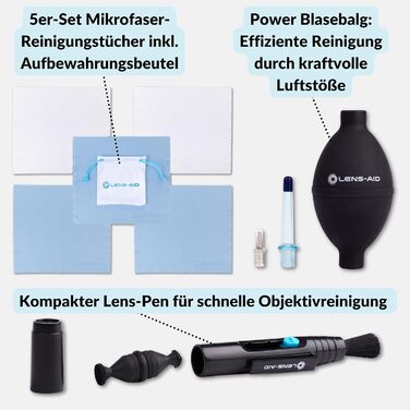 Набір для чищення камери Lens-Aid 3 в 1: повітряний насос, олівець для чищення та 5 мікрофібрових серветок. Підходить для сенсорів, об'єктивів, дисплеїв, фільтрів та оптики. Ідеальний для фотоаксесуарів та техніки.
