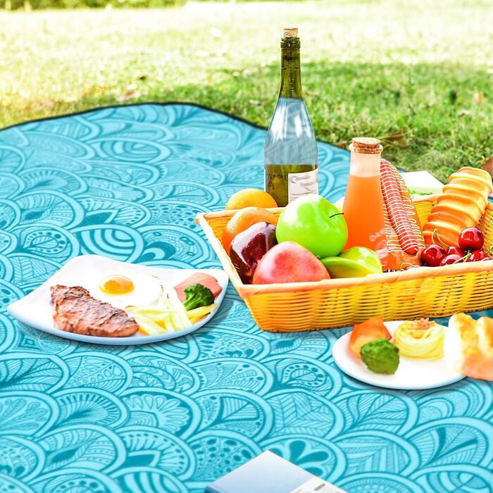 Пікнікова ковдра SOMLAW 200x200 см, водовідштовхувальна, для 4-6 осіб, XXL, з ручкою, ідеальна для кемпінгу та пікніків (блакитна)