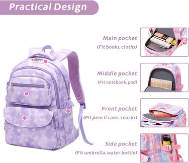 Шкільний рюкзак Tanou для дівчаток 3 шт. з ланч-боксом та пеналом, дихаючий, легкий, 22 літри, для 3-9 класів, фіолетовий зірковий принт