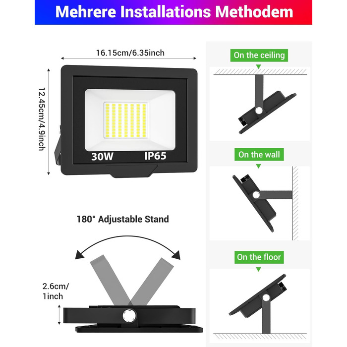 LED прожектори Nipify з датчиком руху для вулиці, 2 шт., 30W 3000Лм, IP65, холодне біле світло 6500K, кабель 100 см, для складу, саду, готелю, дворів (30W-RGB)