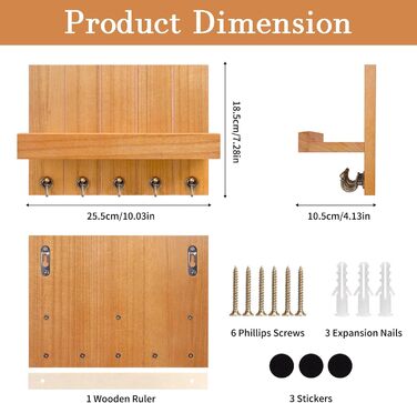 Дерев'яне ключниця з полицею, 5 гачків, для прихожей, вітальні, спальні - жовтий колір
