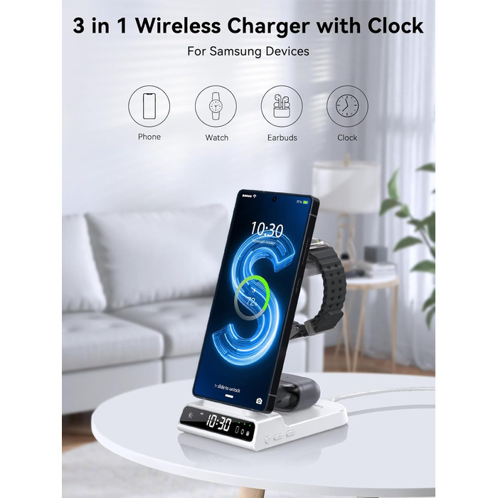 Бездротовий зарядний пристрій 3-в-1 для Samsung Galaxy S25 Ultra, Watch 8/7/Ultra, Buds, з цифровим годинником