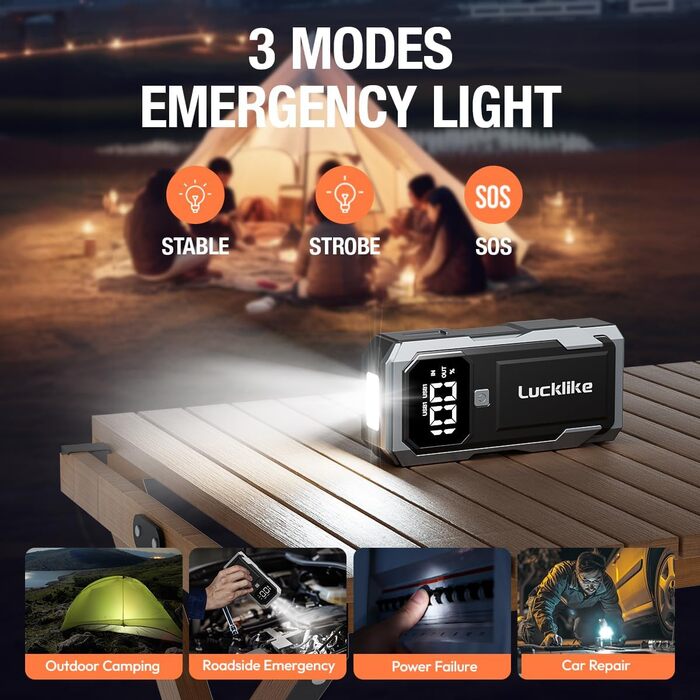 Powerbank для запуску двигуна Lucklike: 3000A, LED-ліхтарик, для авто та мото (до 8.0L бензин/7.0L дизель)