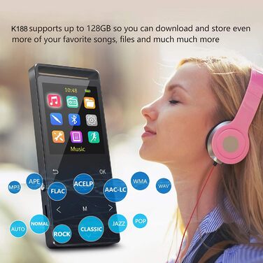MP3-плеєр 64GB MUSRUN з Bluetooth, HiFi, AUX-запис, FM-радіо, чорний матовий