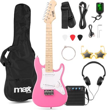 Електрогітара Max GigKit: Повний комплект для початківців (рожева, 1/4, 4/4), з підсилювачем 40W, чохлом, медіатором, ременем, тюнером, кабелем та запасними струнами