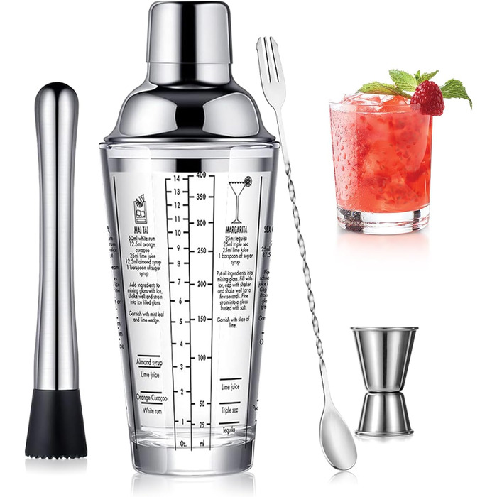 Набір бармена Obaly Barkeeper Kit 11 предметів: шейкер, мадлер, аксесуари для коктейлів. З бамбуковим підставкою, рецептами та інструкцією. Прозорий.