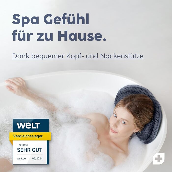 Vesta+ Blue Bath Pillow with Suction Cups - Neck & Back Support - Tested Winner