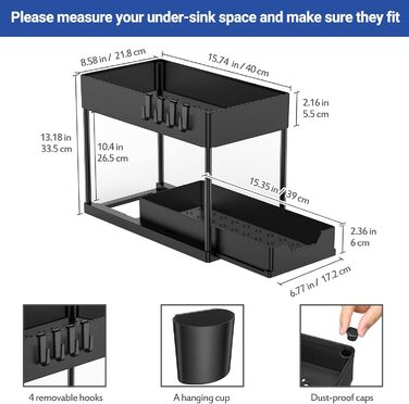 Puricon 2 Set Under Sink Shelf, Dish Cabinet Organizer, 2-Tier Stand Shelf Kitchen Countertop Organizer, Multifunctional Kitchen Shelf Spice Rack Under Sink Shelf Dish Cabinet Shelf - Black
