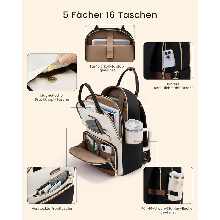 LOVEVOOK Рюкзак для жінок, 15.6 дюймів, для ноутбука, шкільний, для підлітків, з великою кишенею для пляшки, універсальний, для подорожей, елегантний, для роботи, на кожен день, для подорожей, Khaki Beige (Чорний, Білий, Коричневий)