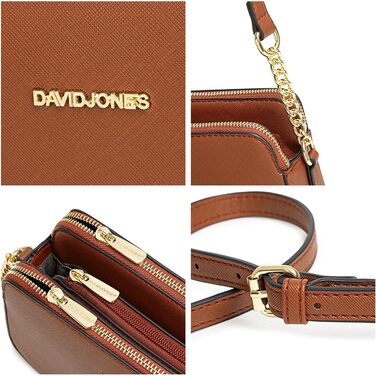 Сумка кросбоді David Jones жіноча, шкіряна (PU) коричнева, з 3 відділеннями, на блискавці, елегантна, для вечірок та повсякденного використання