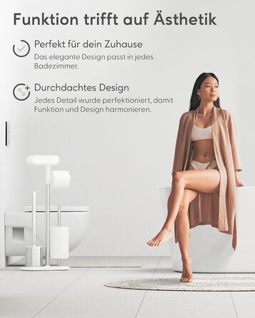 QUALISH Stainless Steel Toilet Paper Holder with Brush - Standing Toilet Paper Roll Holder & WC Kit - White