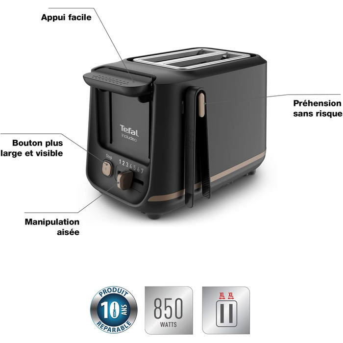 Tefal 2-Slice Toaster with Magnetic Clamps, Large Controls, 7 Browning Levels, Removable Crumb Tray, Lift Function TT533811, Black