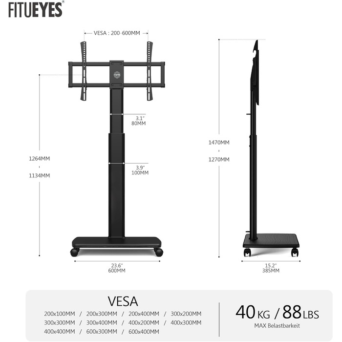 FITUEYES Rolling TV Stand with Wood Shelf - Adjustable Height & Swivel - Fits 32-70 inch TVs (up to 40kg, VESA 400x600) - Black