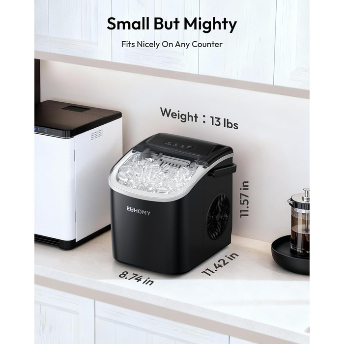 EUHOMY Ice Maker - портативний льодогенератор для дому, кухні, кемпінгу, RV. Швидке приготування (9 кубиків за 6 хв), 12 кг на день, самоочищення, з кошиком та лопаткою.
