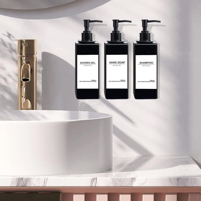 Набір з 3 дозатори для мила Roselee на стіну, 500 мл, без свердління, для душу, шампуню, ванни, чорний