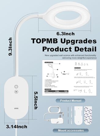 Світлодіодна настінна лампа для читання з USB, 10 Вт, 4 режими кольору, димування, функція пам'яті, таймер автовимкнення, біла