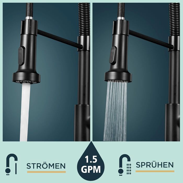 Кран кухонний FORIOUS з високим виливом, душовий набір, змішувач для мийки, кухонні крани, поворотний на 360°, 2 режими розпилення, нержавіюча сталь, матовий чорний