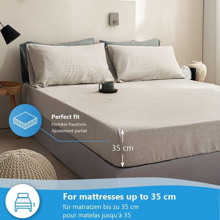 Simple & Opulence Fitted Sheet up to 35cm Side Height, 100% Pure Washed Linen, Temperature-Regulating and Breathable Fitted Sheet with Elastic, Certified Öko-Tex, 182x200cm, Natural Linen