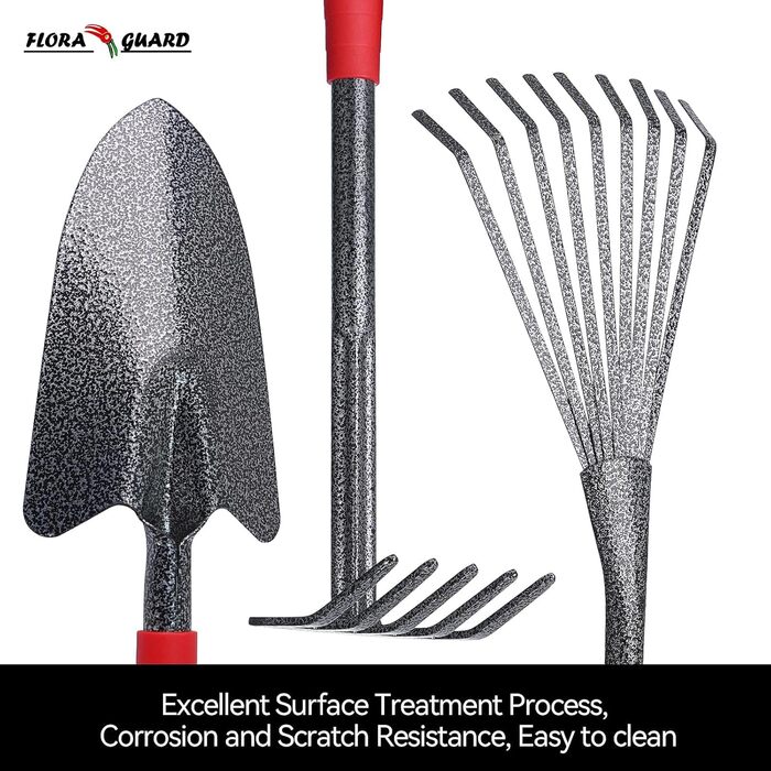 FLORA GUARD Garden Tools, 6-Piece Garden Tool Set Including Weeder, Garden Shovel, Hand Rake, Hand Hoe, Brush Rake, Cultivator, Garden Hand Tools with Heads Made of Carbon Steel