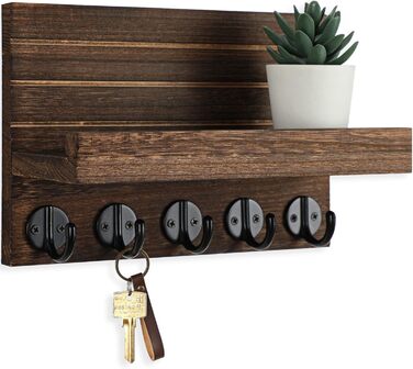 Key holder for wall, decorative key and mail holder with shelf has large key hooks for bags, coats – Paulownia wood key hanger with mounting material (24 cm W x 17 cm)
