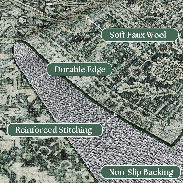 Килим миючий, з штучної вовни, світло-бежевий, для дому, під ліжко, до спальні, обідньої кімнати, під стіл, 2' x 6' (Прямокутний), темно-зелений