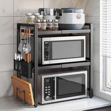 Регульована полиця для мікрохвильової печі, 3-рівнева розширювана стійка, органайзер для кухні з 6 гачками, з вуглецевої сталі, чорний