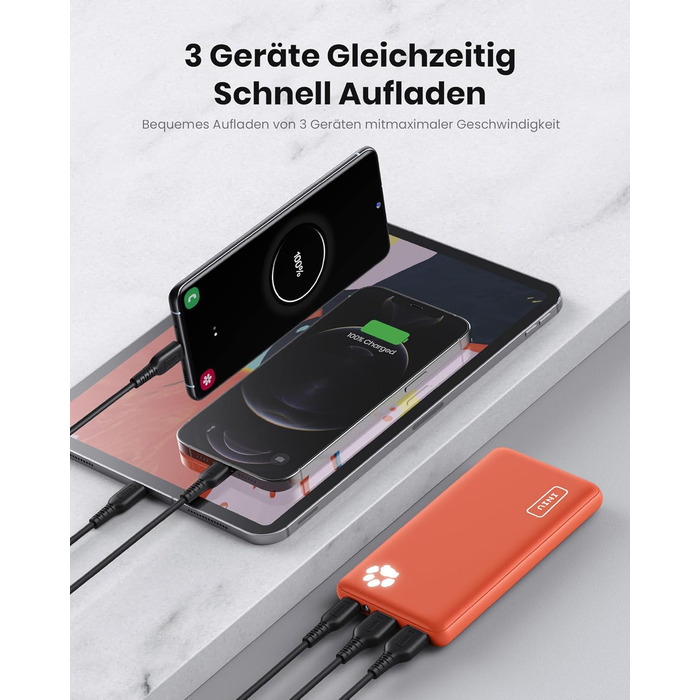 Power Bank INIU 10000mAh, ультратонкий, USB C, 3A, ліхтарик, сумісний з iPhone, Samsung, Huawei (Оранжевий)