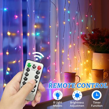 Льодосвітна завіса 3Mx3M з 300 LED, USB, 8 режимів, пульт, таймер, вологостійка, для декору вечірок, свят, спальні (біла, кольорова)