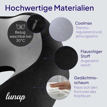 Подушка для шиї Luna Nackenkissen Flugzeug: Memory Foam, дихаюча, для подорожей, чорна. Подушка для шиї в літак, авто, для дорослих. Зручна та миюча.