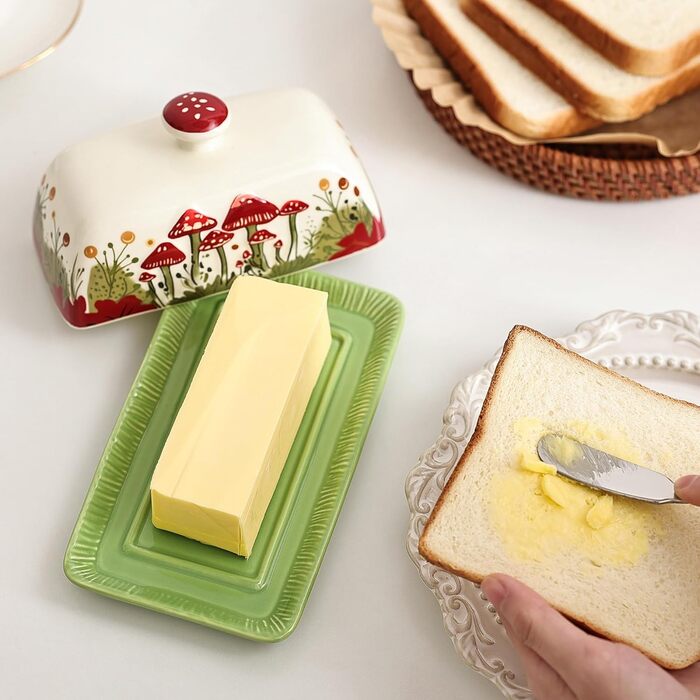 Fun Mushroom Butter Dish with Lid for Countertop - Ceramic, Red Mushroom Butter Container, Butter Tray, Large Butter Dish (White, Standard)