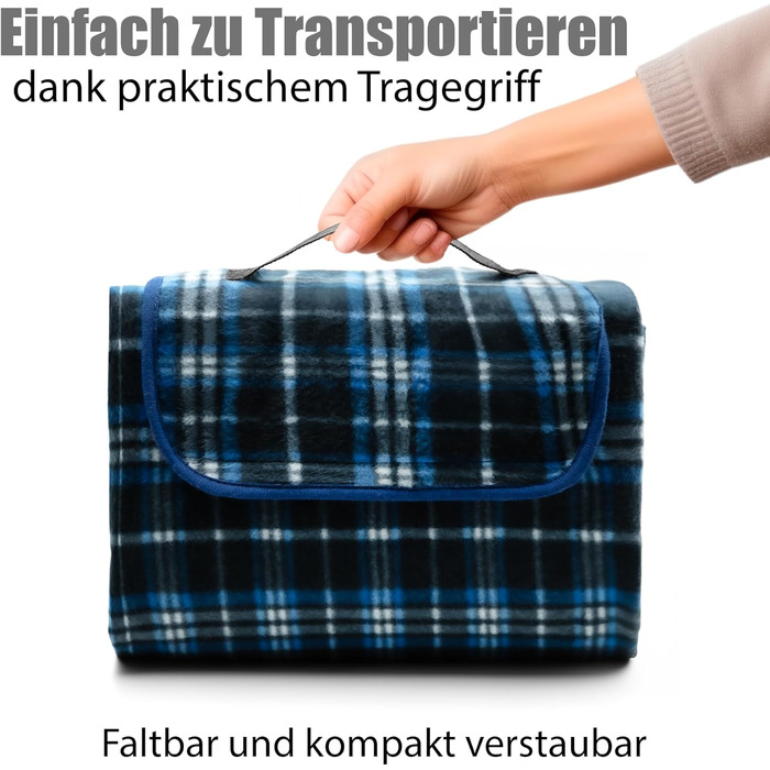 Плед для пікніка BigDean 200x200 см водонепроникний, клітинка, темно-синій – великий плед для пляжу, саду, парку