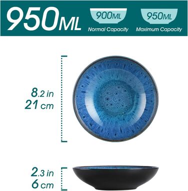 Набір супових тарілок Vancasso Bubble (4 шт.) з кераміки, 950 мл, блакитний