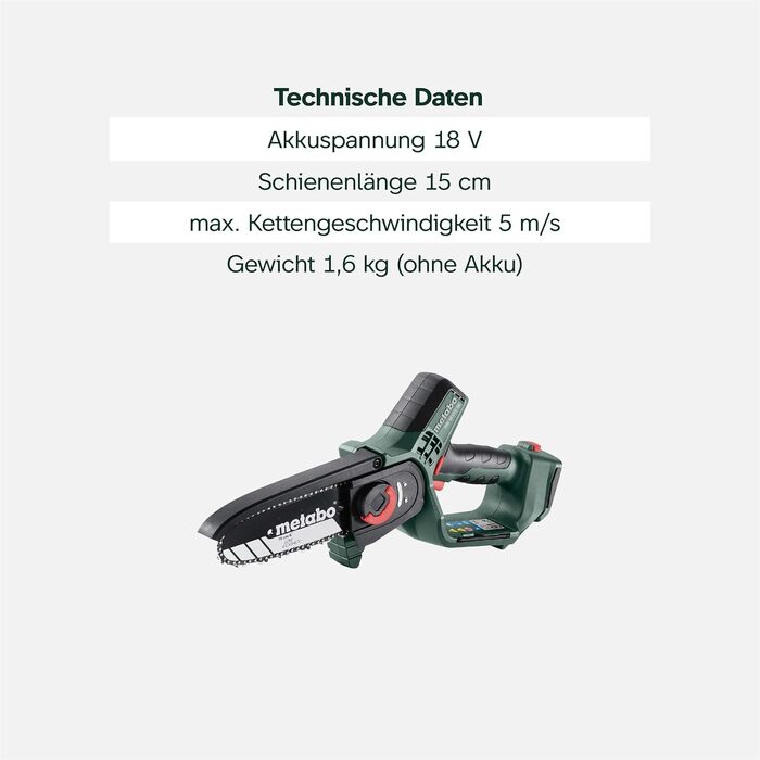Акумуляторна сукова пила Metabo MS 18 LTX 15, 18В, шина 15 см, для обрізки дерев (без АКБ та зарядного пристрою), CAS сумісна